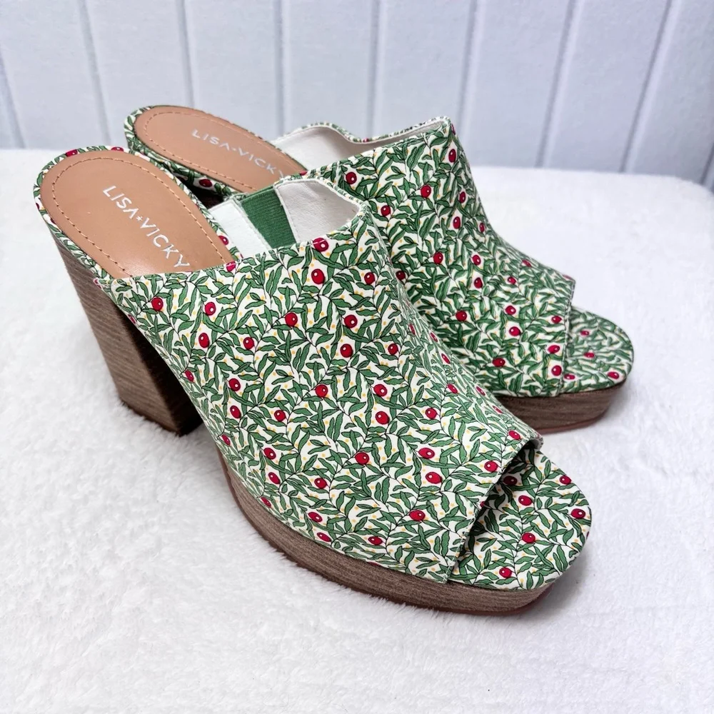 Lisa Vicky‎ Green Leaf Print Joy Platform Sandals Size 9M